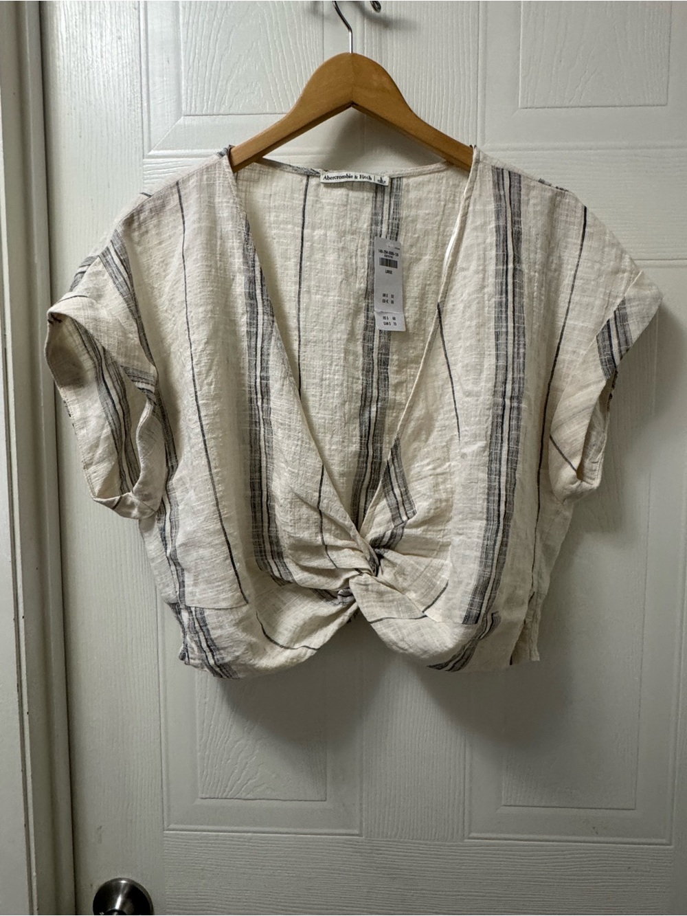 Abercrombie & Fitch Cream Striped Knot-Front Crop Top